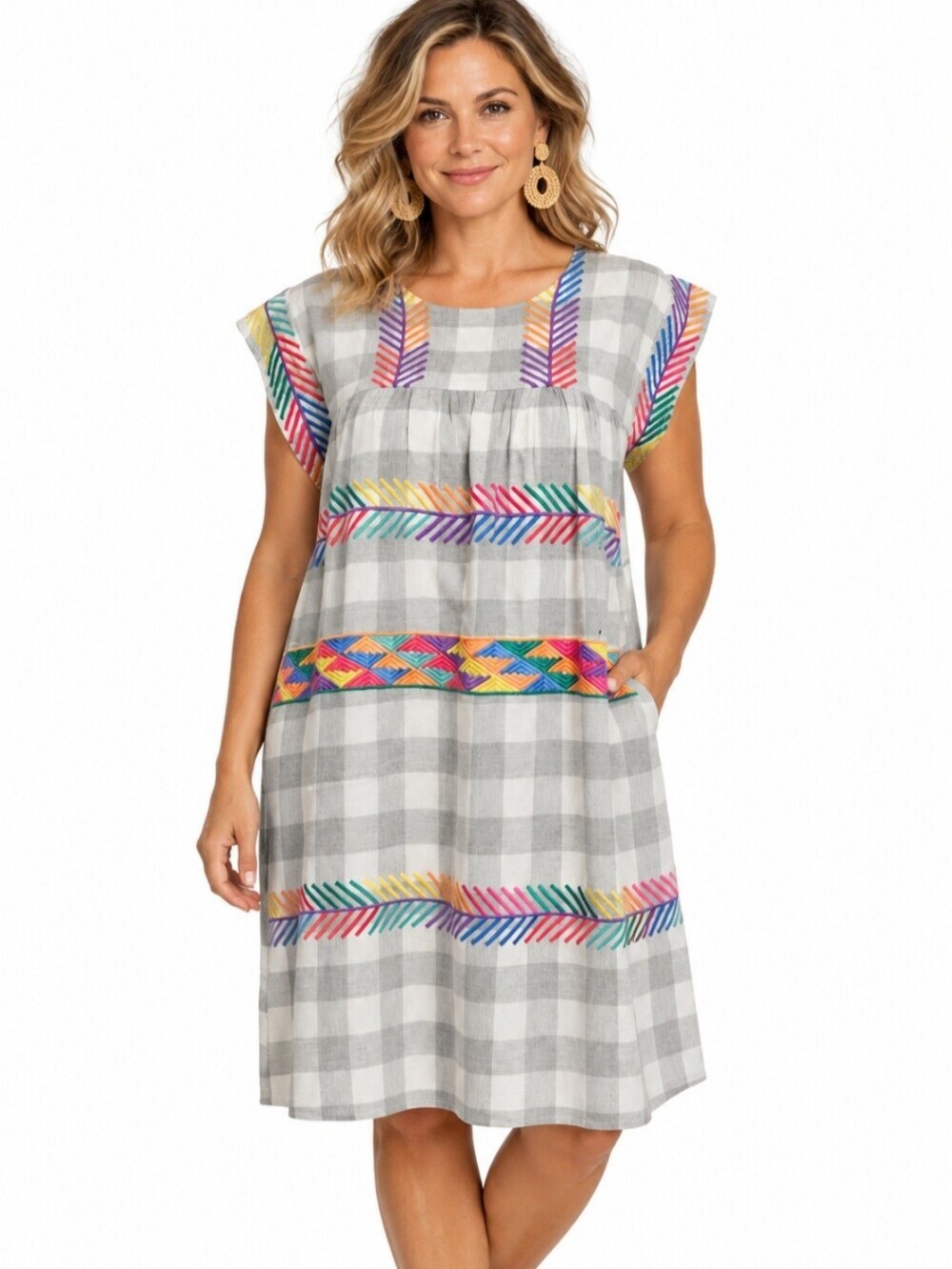J Marie Dress SZ Large Gray White Gingham Rainbow Embroidered Boho Rayon Pockets